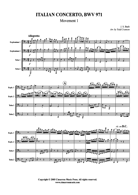 Italienisches Konzert (Tuba Quartett 2x Bariton 2xTuba) (Quartett (Tuba)) von J. S. Bach (BWV 971 1.Satz)