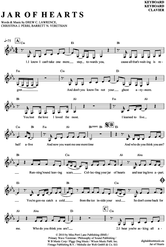 Christina Perri Jar Of Hearts Noten Klavier Kostenlos Jar of hearts Keyboard - PDF Noten von Christina Perri in Es Dur - 7060204