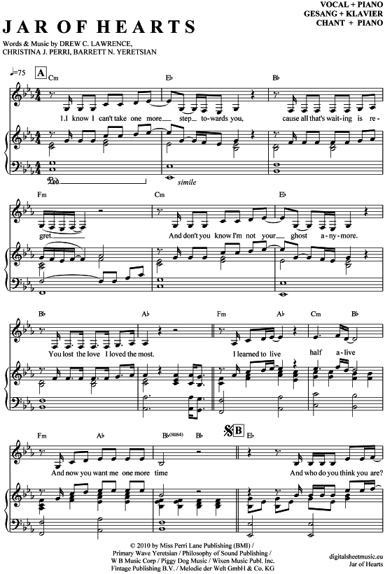 Jar of hearts (Klavier + Gesang) (Klavier Gesang  Gitarre) von Christina Perri