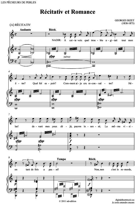 Je crois entendre encore (Rezitativ+Arie - Nadir - Tenor) (Klavier  Gesang) von Georges Bizet (Oper Les pecheurs de perles)