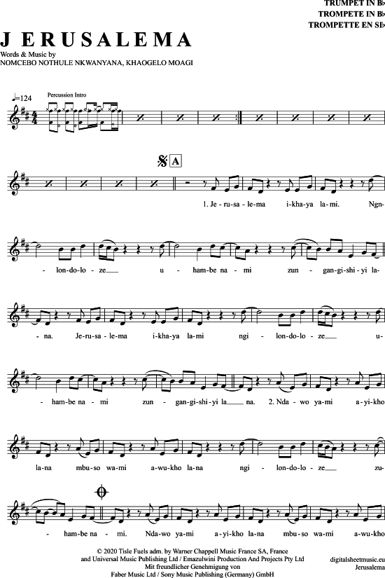 Jerusalema (Trompete in B) (Trompete) von Master Kg und Nomcebo Zikode