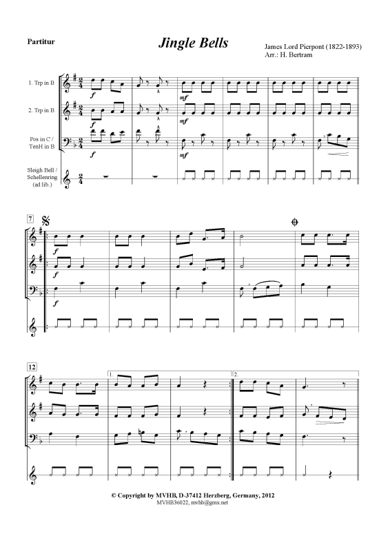 Jingle Bells (Blechbl auml ser-Trio 2 Trp (B) Pos TenH) (Trio (Blech Brass)) von James Lord Pierpont