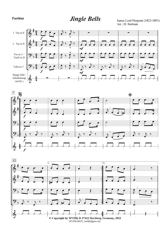 Jingle Bells (Blechbl auml serquartett 2 Trp (B) Pos TenH Tub) (Quartett (Blech Brass)) von James Lord Pierpont