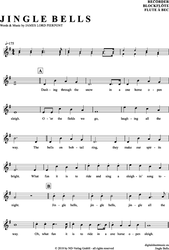 Jingle Bells Blockflöte PDF Noten von Weihnachten in G Dur 7020471