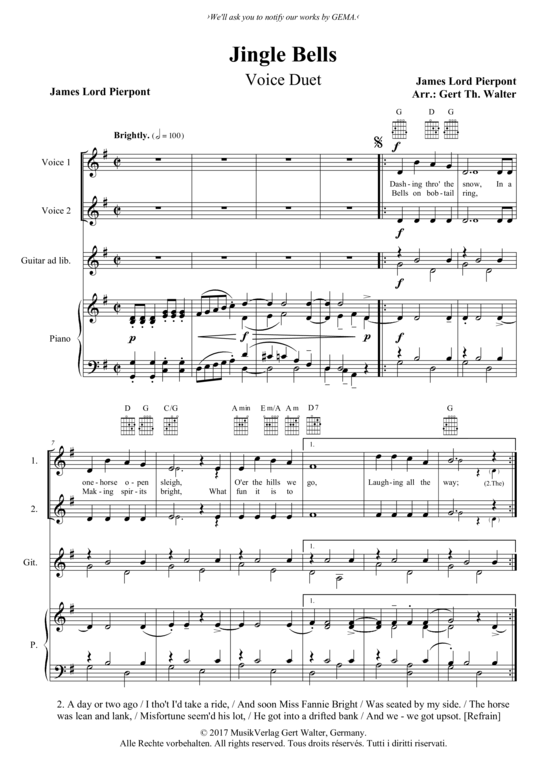 Jingle Bells Duett Gesang + Klavier PDF Noten von James Lord Pierpont in G Dur MGW0189