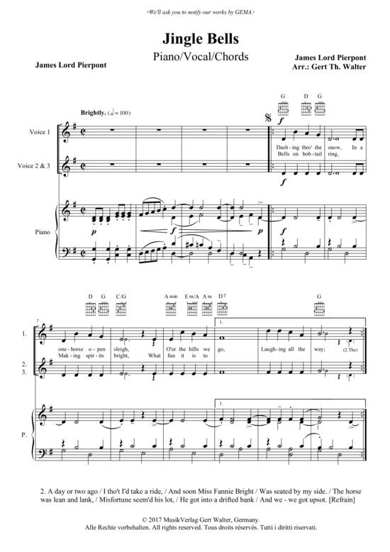 Jingle Bells Gesang + Klavier PDF Noten von James Lord Pierpont in G