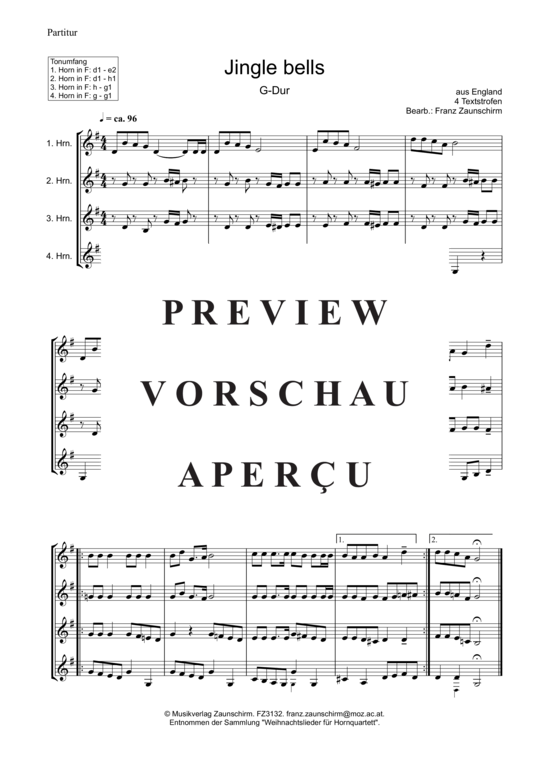 Jingle bells HornQuartett PDF Noten von Franz Zaunschirm in G Dur