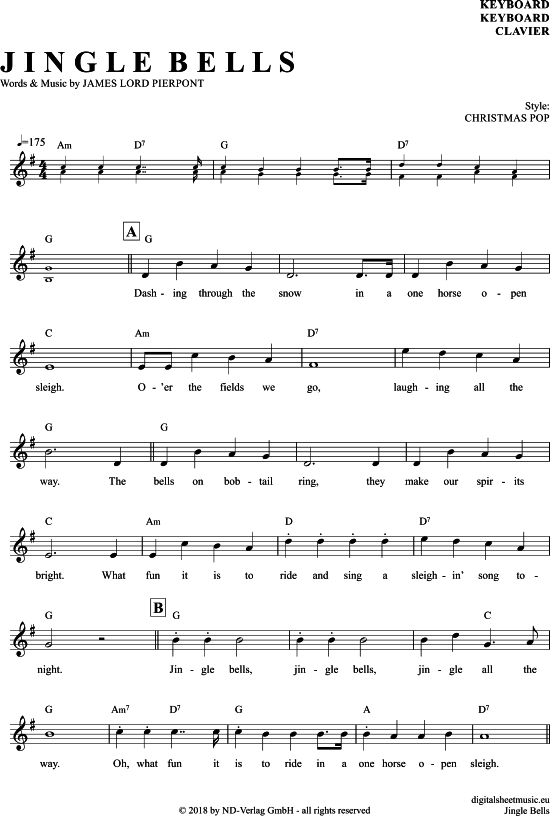 Jingle Bells Keyboard PDF Noten von Weihnachten in G Dur 7060505