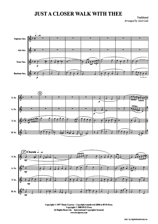 Just a Closer Walk (Saxophon-Quartett S(A)ATB) (Quartett (Saxophon)) von Traditional (arr. Gale)