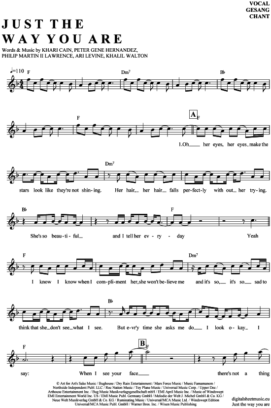 Just the way you are Gesang PDF Noten von Bruno Mars in F Dur 7040145