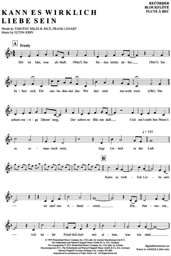 Kann es wirklich Liebe sein Blockflöte PDF Noten von aus Der König der Löwen Musical in F Dur