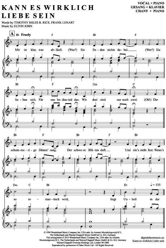 Kann es wirklich Liebe sein Klavier + Gesang PDF Noten von aus Der König der Löwen Musical in B