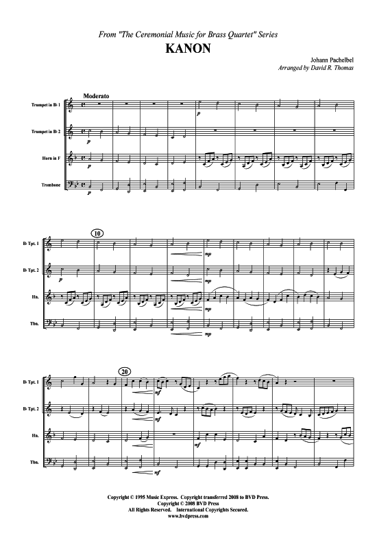 Kanon in D (2xTromp in B Horn in F (Pos) Pos) (Quartett (Blech Brass)) von Johann Pachelbel (arr. Thomas)