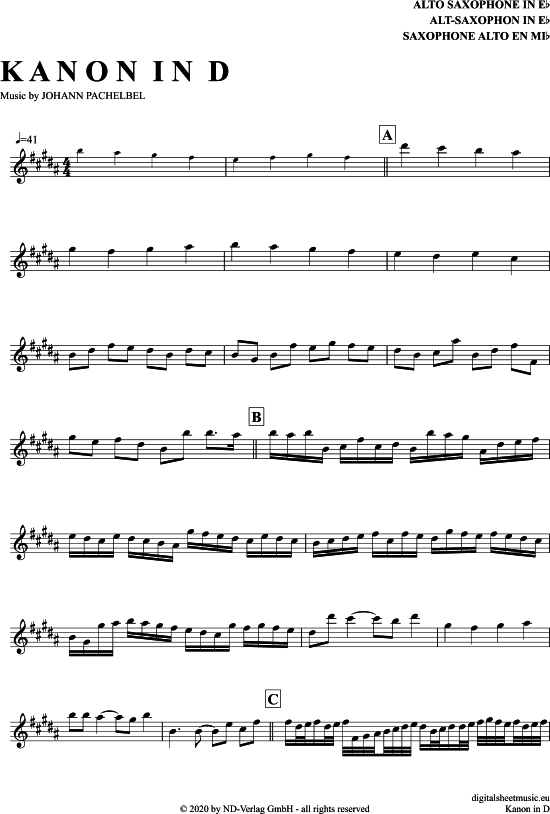 Kanon In D (Alt-Sax) (Alt Saxophon) von Johann Pachelbel