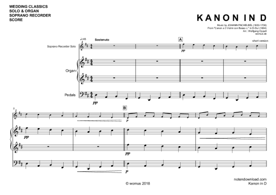 Kanon in D (Blockfl te + Orgel) (Orgel  Blockfl te) von Johann Pachelbel (arr. WO)