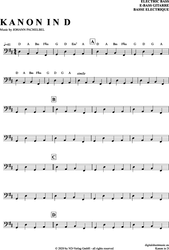 Kanon In D (E-Bass) (E Bass) von Johann Pachelbel