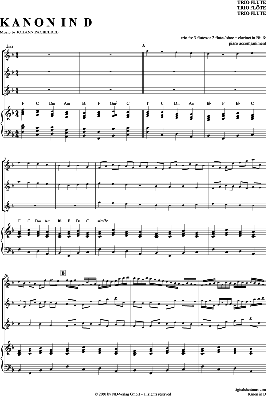 Kanon In D (Fl ten Trio + Klavier) (Trio (Fl te)) von Johann Pachelbel