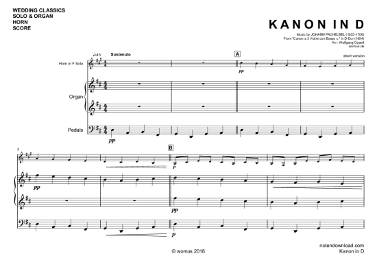 Kanon in D (Horn in F + Orgel) (Orgel  Horn) von Johann Pachelbel (arr. WO)