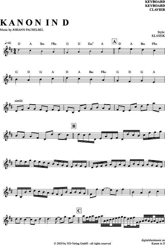 Kanon In D (Keyboard) (Keyboard) von Johann Pachelbel