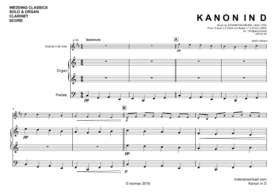 Kanon in D (Klarinette in B + Orgel) (Orgel  Klarinette) von Johann Pachelbel (arr. WO)
