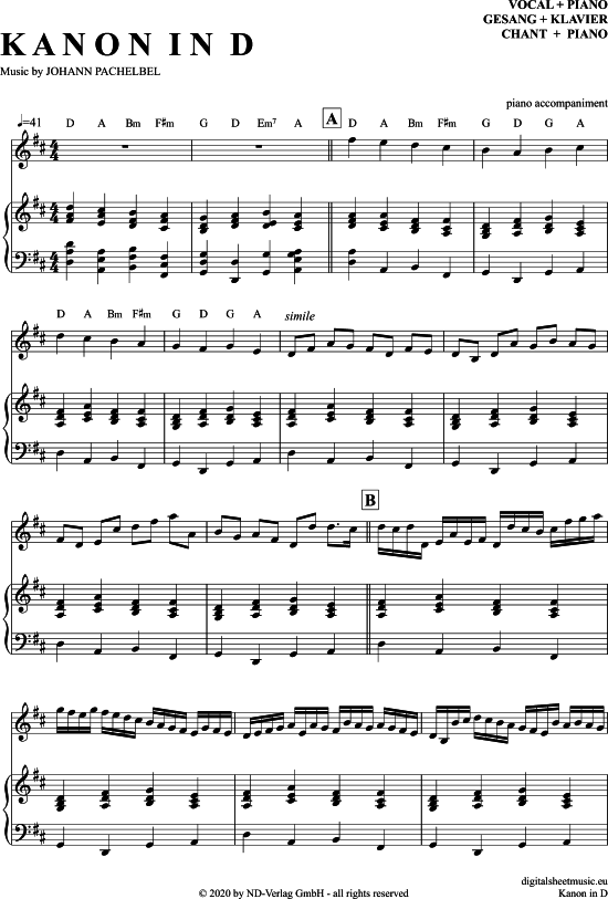 Kanon In D (Klavier Begleitung + Gesang) (Klavier Gesang  Gitarre) von Johann Pachelbel