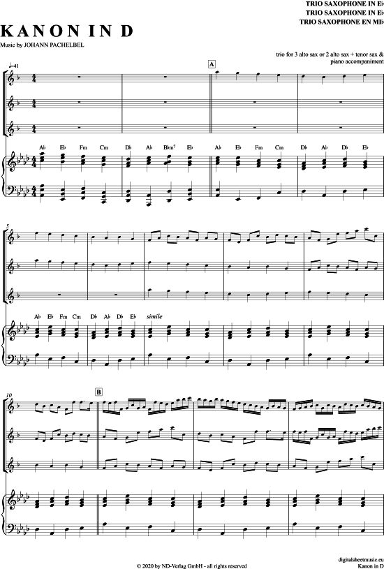 Kanon In D (Saxophon Trio AAA(T) + Klavier) (Trio (Saxophon)) von Johann Pachelbel
