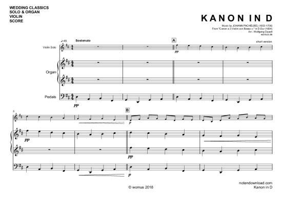Kanon in D Violine   Orgel - PDF Noten von Johann Pachelbel arr. WO in ...