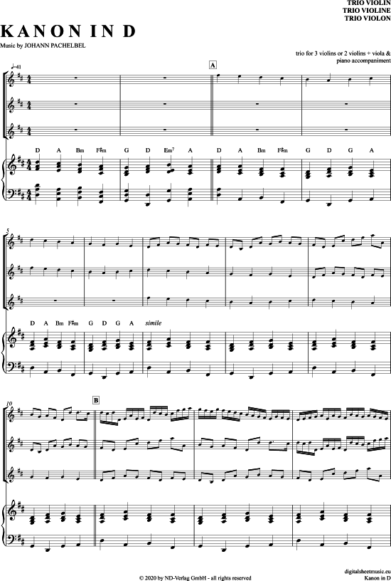 Kanon In D (Violinen Trio + Klavier) (Trio (Violine)) von Johann Pachelbel