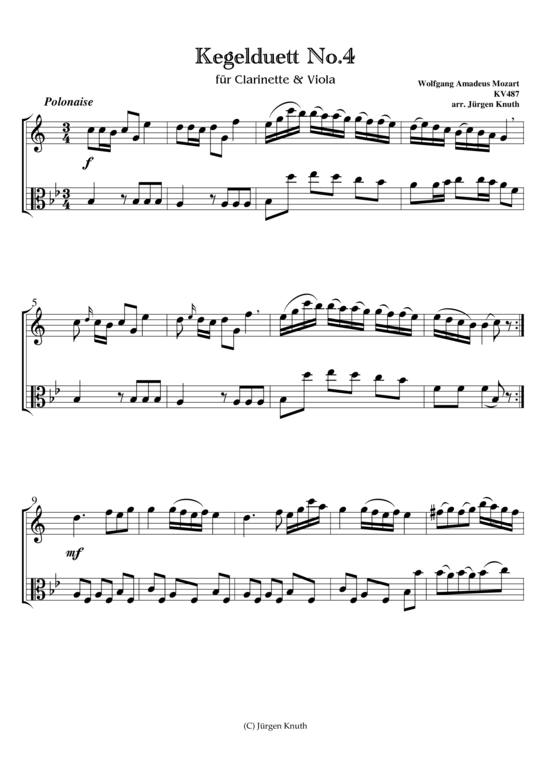 Kegelduett No. 04 KV 487 (Klarinette + Viola) (Duett (Holzbl ser)) von W.-A. Mozart  arr. J rgen Knuth