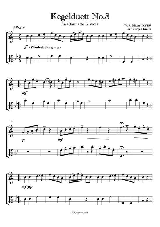 Kegelduett No. 08 KV 487 (Klarinette + Viola) (Duett (Holzbl ser)) von W.-A. Mozart  arr. J rgen Knuth