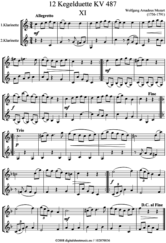 Kegelduette KV 487 Nr. 11 (Klarinette) von Wolfgang Amadeus Mozart (1756-1791)