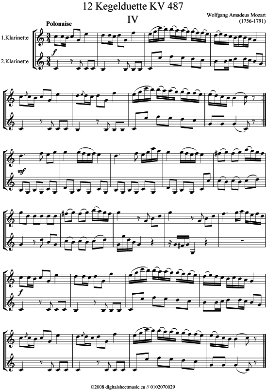 Kegelduette KV 487 Nr. 4 (Klarinette) von Wolfgang Amadeus Mozart ( 756-1791)