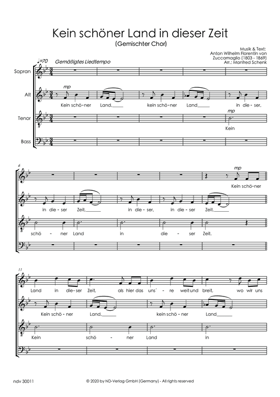 Kein sch ner Land in dieser Zeit (Gemischter Chor) (Gemischter Chor) von Manfred Schenk (arr.)