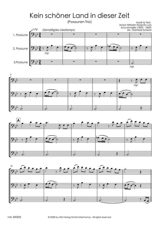 Kein sch ner Land in dieser Zeit (Posaunen Trio) (Trio (Posaune)) von Manfred Schenk (arr.)