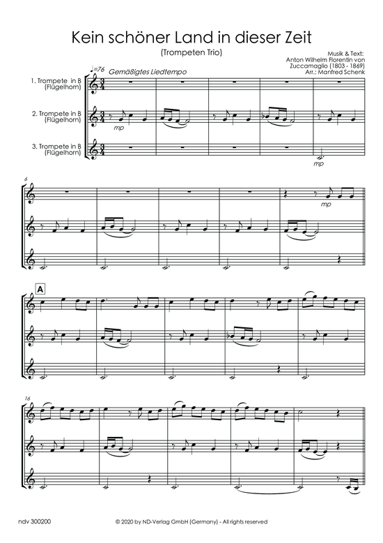 Kein sch ner Land in dieser Zeit (Trompeten Trio) (Trio (Trompete)) von Manfred Schenk (arr.)