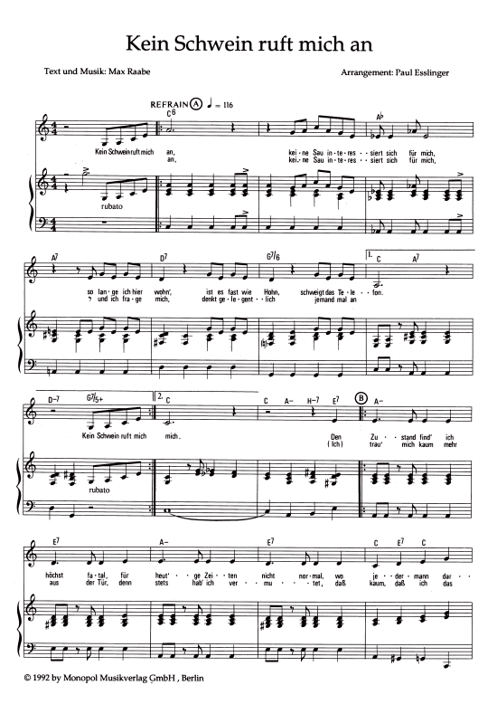 Kein Schwein ruft mich an Klavier + Gesang PDF Noten von Max Raabe & das Palast Orchester in