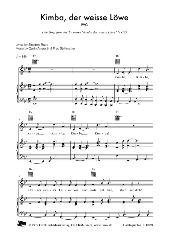 Kimba der wei e L we (Gesang + Klavier Gitarre) (Klavier  Gesang) von Fred Strittmatter Quirin Amper Jr. Siegfried Rabe