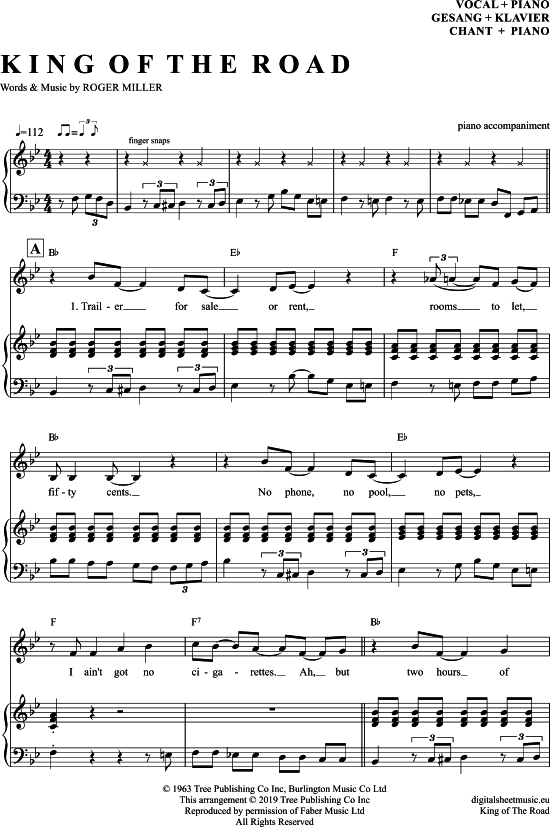 King Of The Road Klavier Begleitung + Gesang PDF Noten von Roger