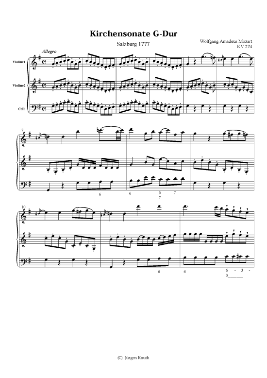 Kirchensonate G-Dur KV 274 (Streich-Trio 2x Violine + Cello) (Trio (Streicher)) von Wolfgang Amadeus Mozart