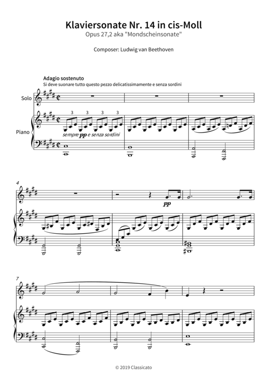 Klaviersonate Nr. 14 in cisMoll Opus 27, 2 aka Mondscheinsonate Klavier + Instrument in C PDF