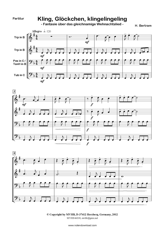 Kling Gl ouml ckchen (Blechbl auml serquartett 2 Trp (B) Pos TenH Tub) (Quartett (Trompete)) von aus Deutschland