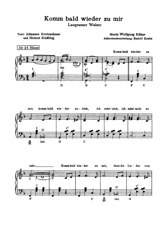 Komm bald wieder zu mir (Klavier Solo mit unterlegtem Text (Akkordeon)) (Akkordeon) von 1959