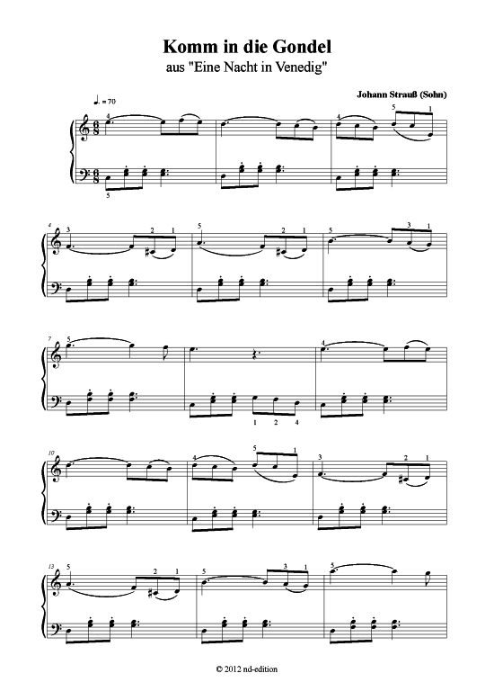 Komm in die Gondel (Klavier solo einfach) (Klavier einfach) von Johann Strau (Sohn) (bearb. aus Eine Nacht in Venedig)