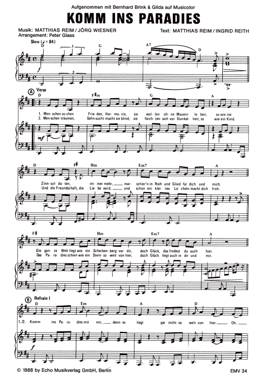 Komm ins Paradies (Klavier + Gesang) (Klavier Gesang  Gitarre) von Bernhard Brink amp Gilda