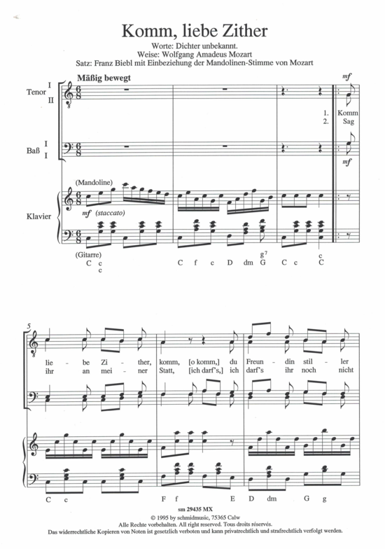 Komm liebe Zither (M nnerchor + Klavier) (M nnerchor Klavier) von Wolfgang Amadeus Mozart