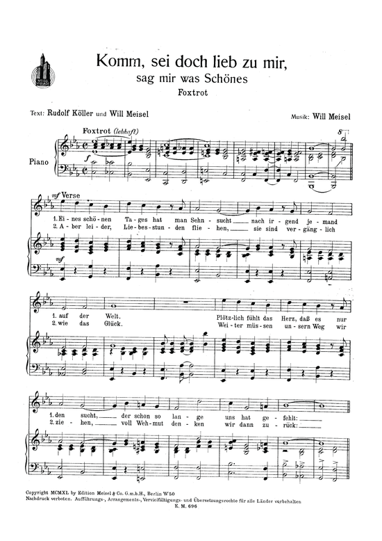 Komm sei doch lieb zu mir, sag was Schönes Klavier + Gesang PDF Noten