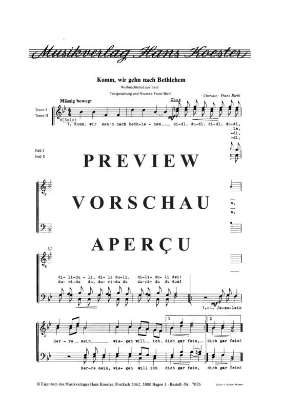 Komm wir gehen nach Bethlehem (M auml nnerchor) (M nnerchor) von Traditional (Satz Franz Biebl)