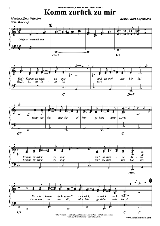 Komm zurück zu dir Klavier + Gesang PDF Noten von Hansi Hinterseer in
