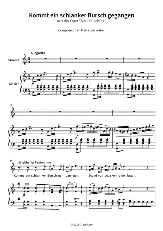 Kommt ein schlanker Bursch gegangen - aus der Oper Der Freisch uuml tz (Gesang + Klavier) (Klavier  Gesang) von Carl Maria von Weber