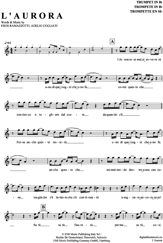 L acute Aurora (Trompete in B) L Aurora (Trompete) von Eros Ramazzotti